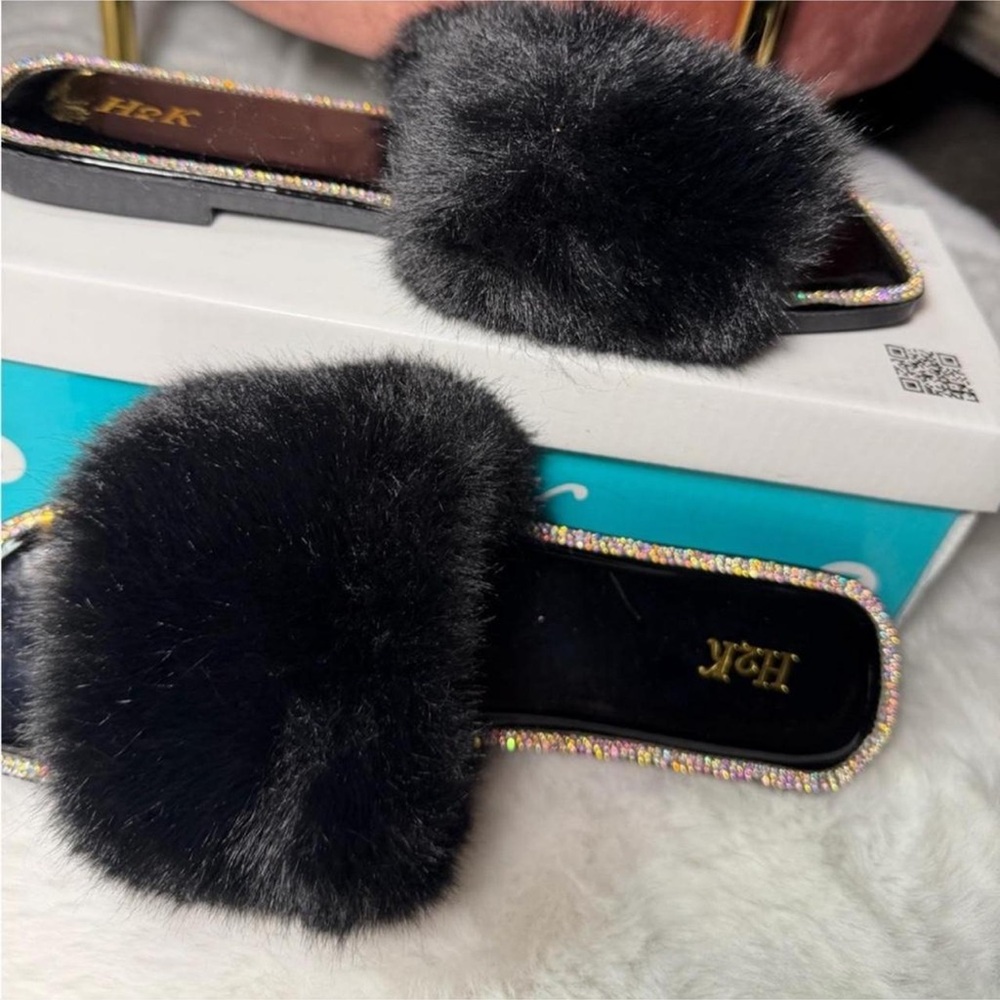 Black Furry Slide Sandals with Rhinestone Trim